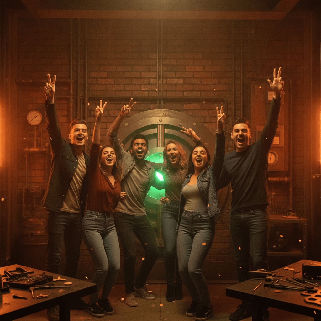 Team che festeggia nell'escape room